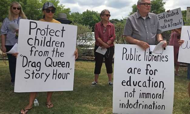 Creepy “Drag Queen” at Dallas public library reads book “What color is your underwear” to small children (see video!) as MassResistance holds strong protest outside.